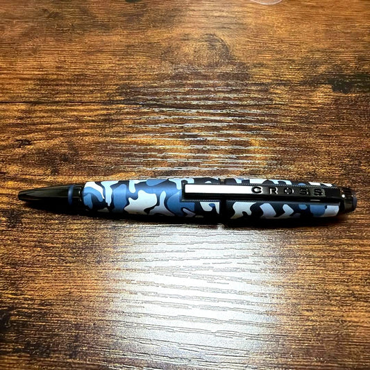 Cross Edge Select Tip Roller Ball pen with blue camouflage design and water-based ink