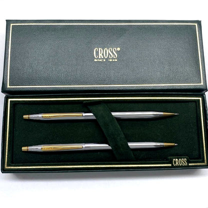 Cross Classic Century USA chrome ballpoint pen and mechanical pencil set with black case and manual