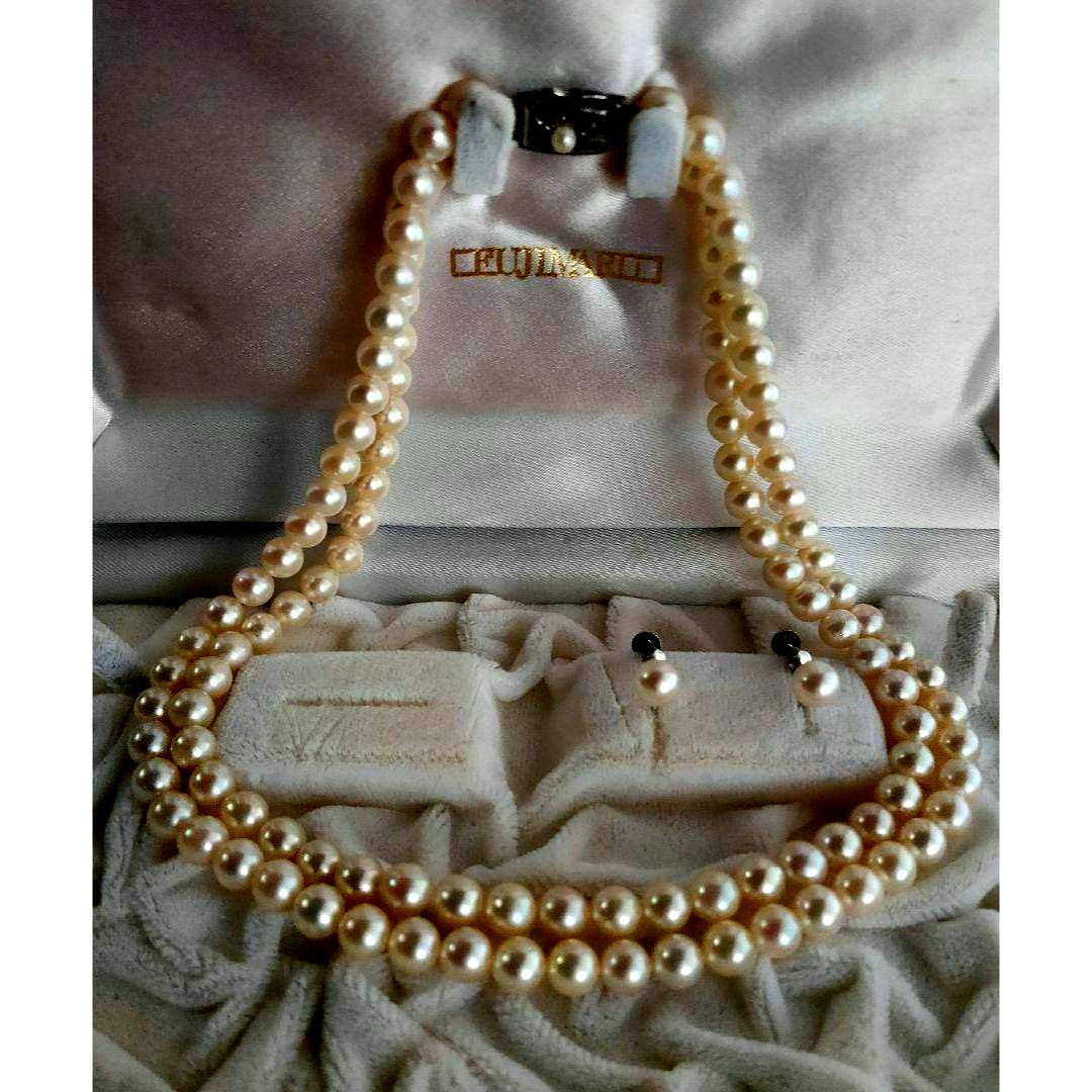 Akoya pearl double row necklace and matching earrings set with silver SV925, pearls approximately 5.6mm