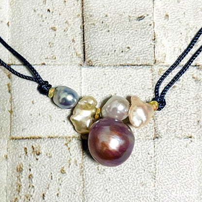 Silver 925 necklace with Freshwater and Akoya baroque pearls on blue silk cord, 42 cm length
