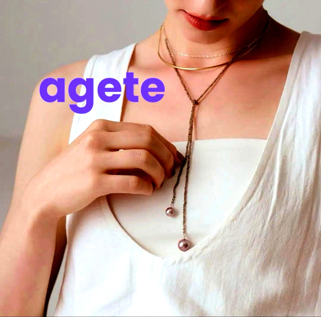 Agete silver necklace featuring smoky quartz stones and freshwater pearls with a 112 cm length