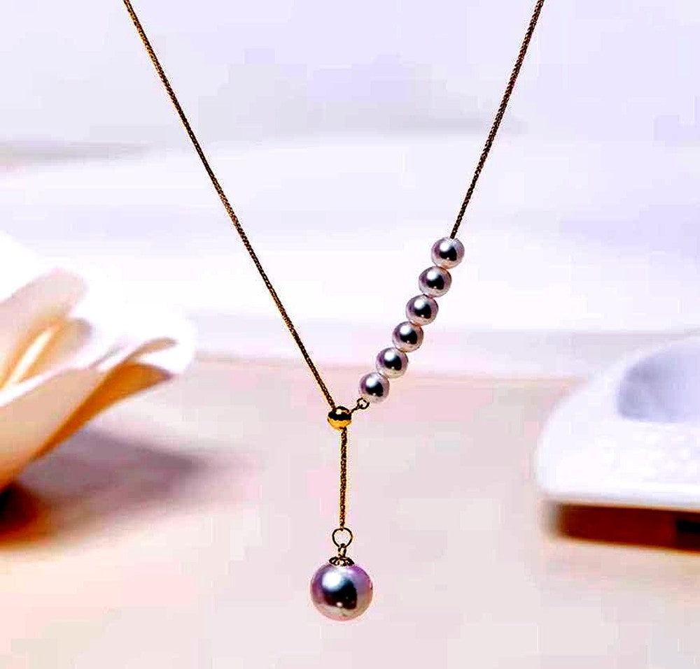 K18YG Akoya pearl Y-shape 2way slide adjuster Chopin chain necklace with pearls sized 3.5-8.5 mm, 45 cm long