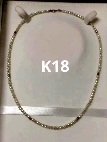 K18 Akoya genuine pearl necklace with 3mm baby pearls and 18K gold beads, 40.5cm length, clasp marked K18