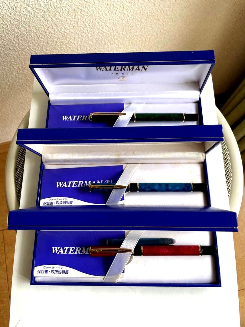 Waterman L'Oreal Paris fountain pen set with green, blue, and red marble finishes length 13 cm
