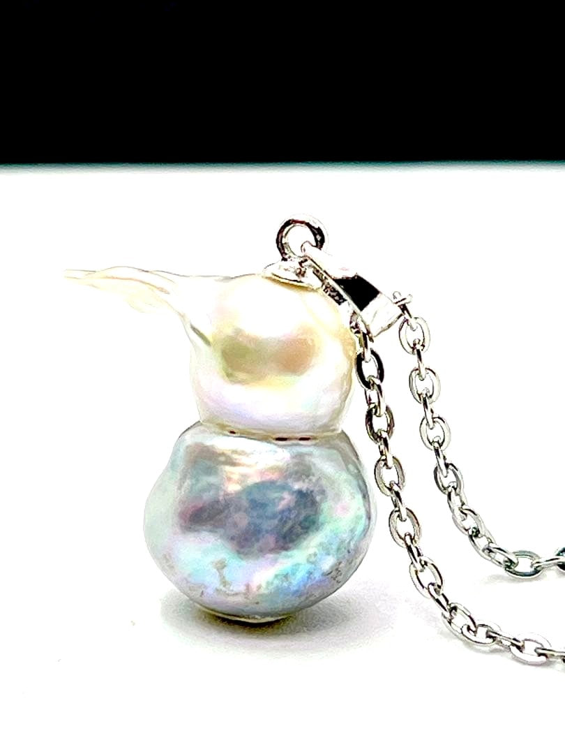 Akoya pearl necklace with natural blue twin baroque pearls on a silver 925 clasp and stainless steel chain
