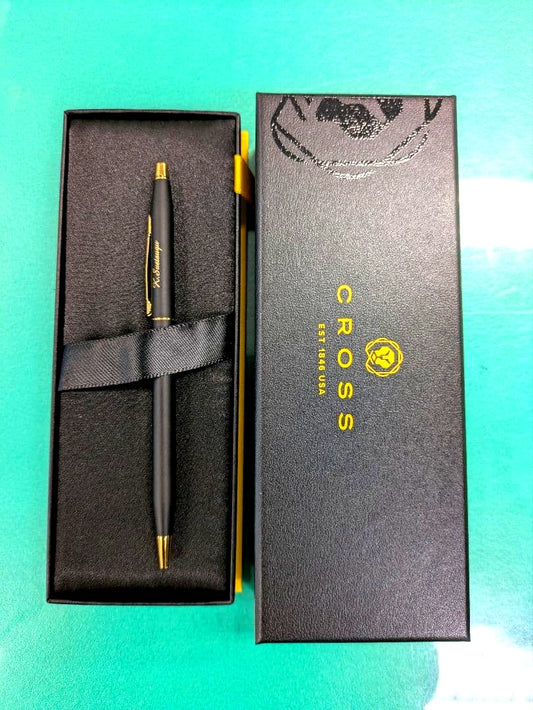 Cross Black Ballpoint Pen with gold accents and black metal body in a dedicated hard case