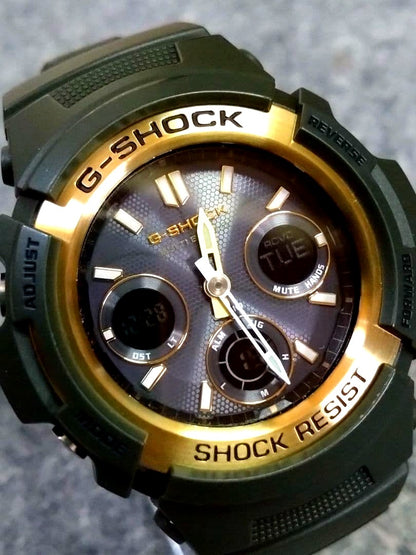 Casio G-Shock Tough Solar AWG-M100A-3AJF watch with black dial and khaki green silicone band