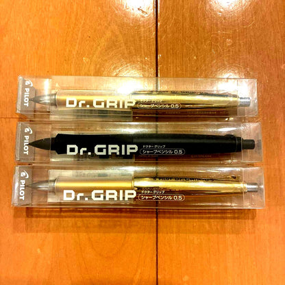 PILOT Dr. GRIP 0.5mm mechanical pencil in gold and black colors made in Japan