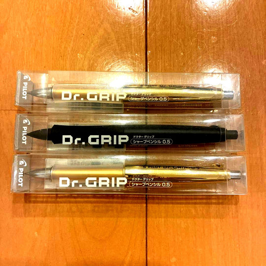 PILOT Dr. GRIP 0.5mm mechanical pencil in gold and black colors made in Japan