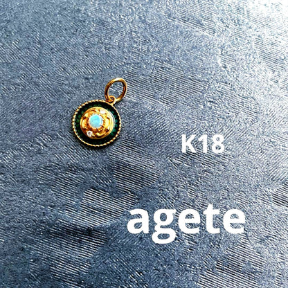 Agete K18 gold pendant top charm with diamond, opal, and green enamel, weight 1.0g, loop size 5mm