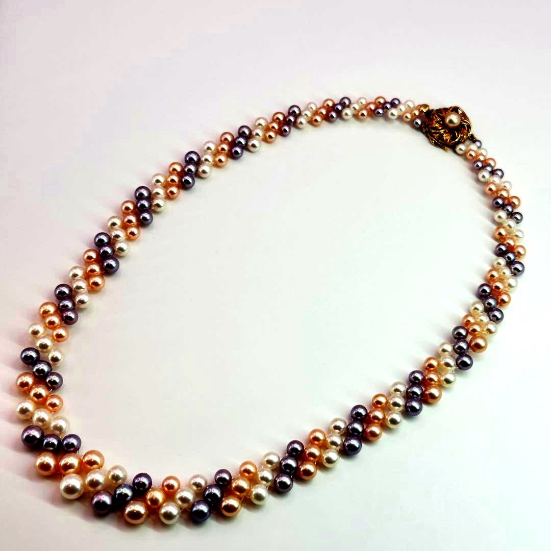 Tasaki K18 3-row pearl necklace with pearls sized 3.0-6.2mm and 40cm gold chain