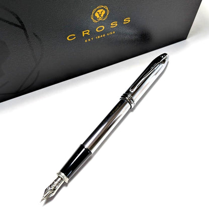 Cross Townsend Fountain Pen N536 with chrome body and fine nib, stainless steel clip, shown uncapped