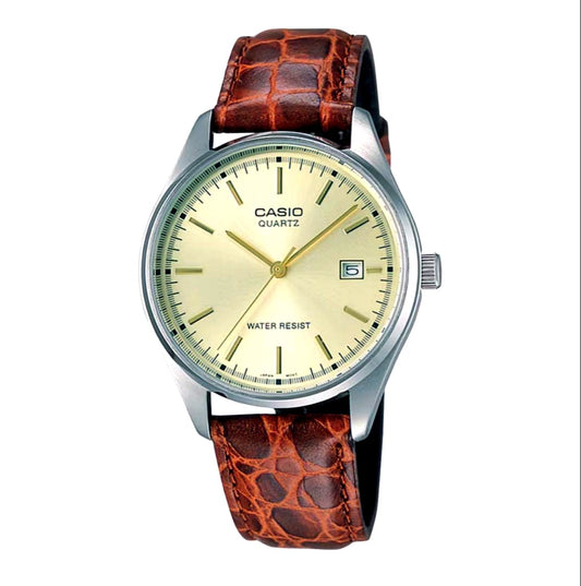 Casio analog quartz watch with gold dial, black cowhide leather strap, and replacement Bambi leather belt