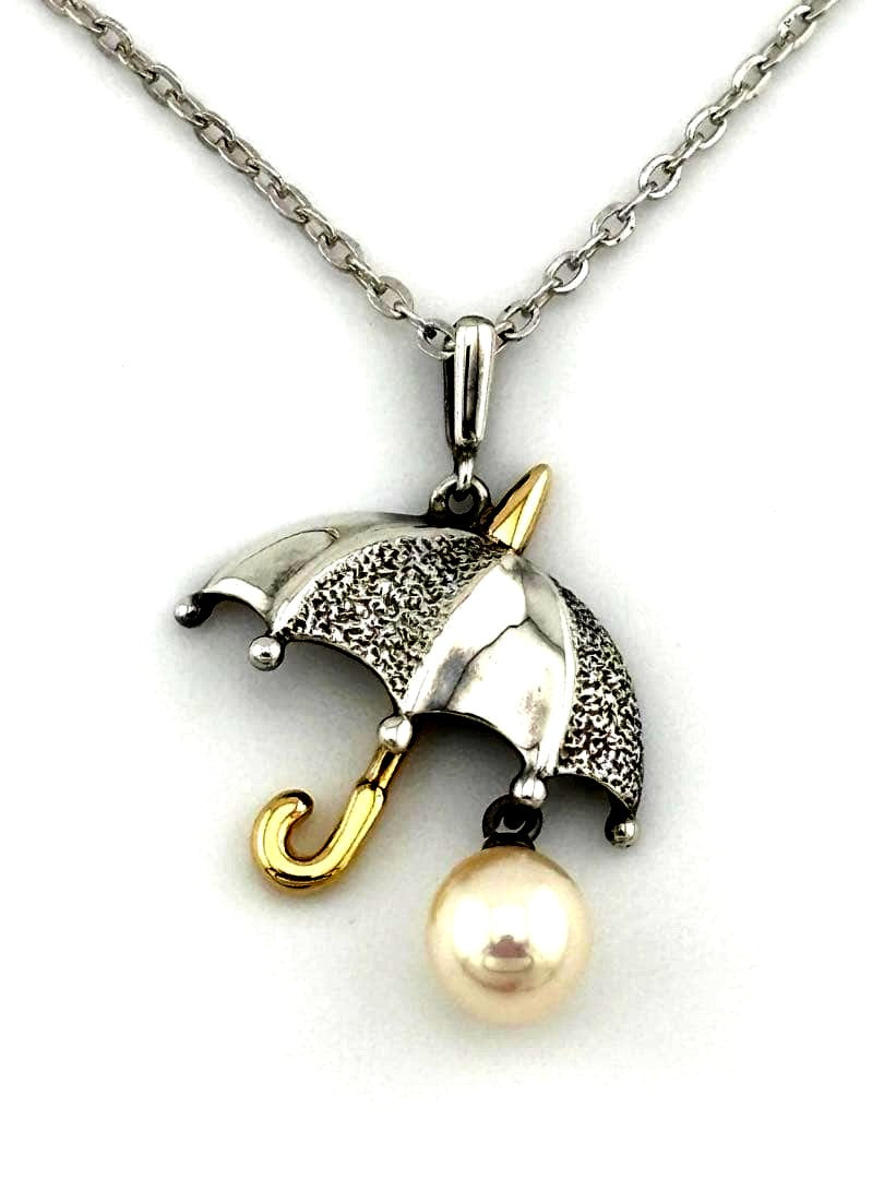 Mikimoto umbrella-shaped pearl necklace with K18 gold and silver chain measuring 36cm