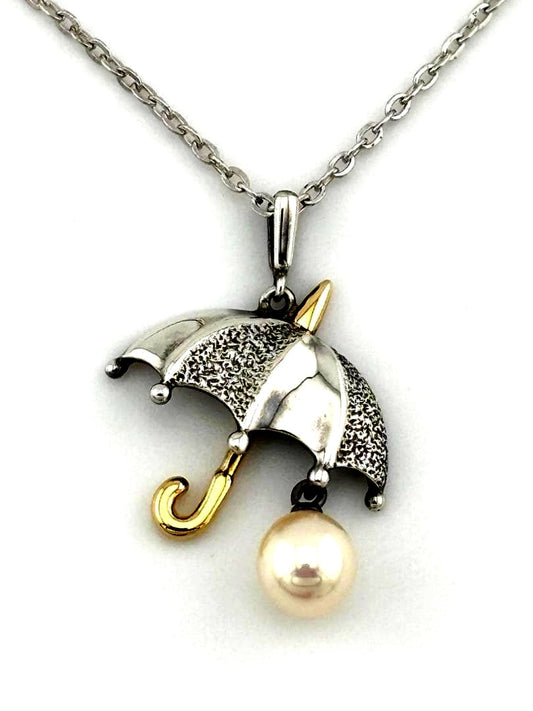 Mikimoto umbrella-shaped pearl necklace with K18 gold and silver chain measuring 36cm