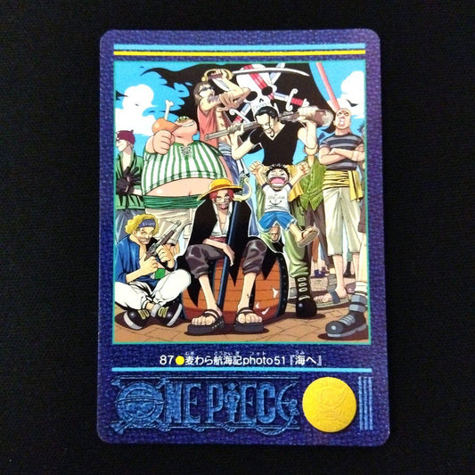 One Piece Carddass Visual Adventure card number 87 showing Shanks and Luffy going to sea Japan import