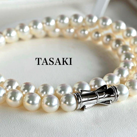 Highest grade Aurora Hanadama Tazaki Akoya pearl necklace with 7.5mm round pearls and silver clasp