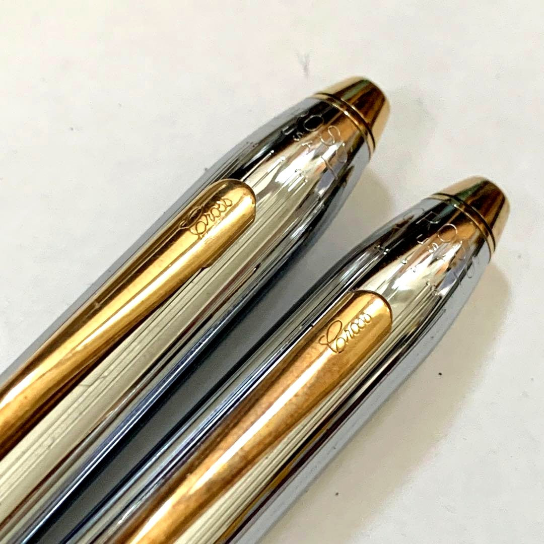 Cross Townsend old model mechanical pencil and ballpoint pen with silver and gold finish in leather-style case