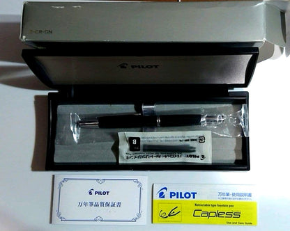 PILOT Capless Black fountain pen with extra fine nib shown with case and instruction manual
