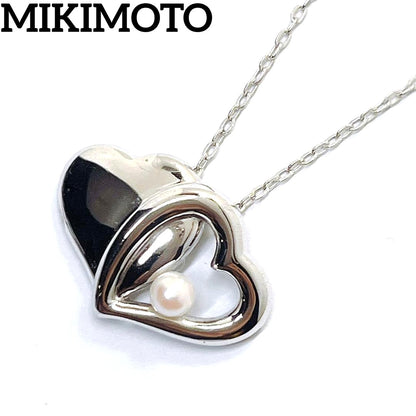Mikimoto baby pearl necklace with 4.0 mm pearls and silver double heart pendant on a 40 cm chain