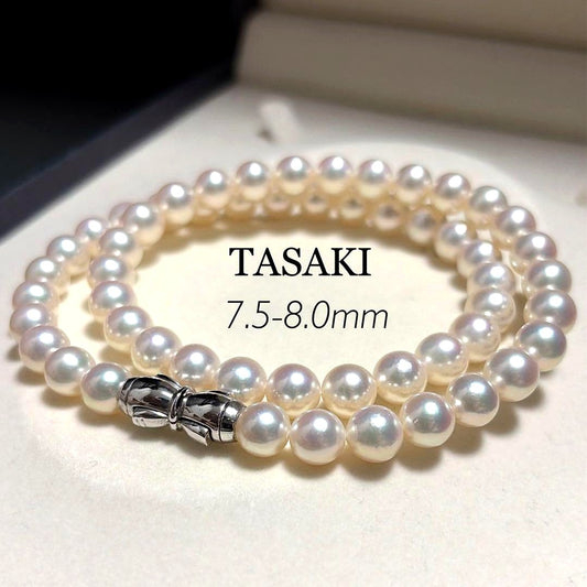 TASAKI Akoya Pearl Necklace with 8.0mm white pearls and silver clasp, 43 cm length, showing strong luster and aurora color