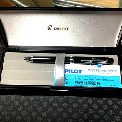 Multifunctional pilot pen and mechanical pencil dual writing instrument in black and silver finish