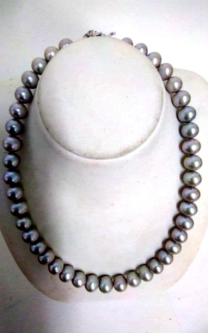 Akwoy large 11mm real pearl necklace with silver clasp and matching dangling pearl earrings