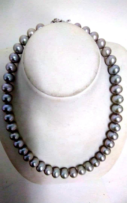 Akwoy large 11mm real pearl necklace with silver clasp and matching dangling pearl earrings