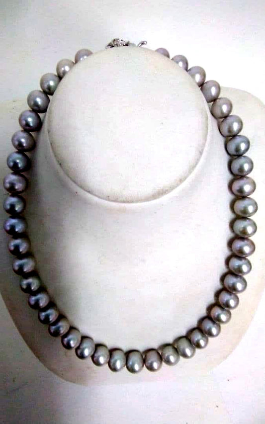 Akwoy large 11mm real pearl necklace with silver clasp and matching dangling pearl earrings