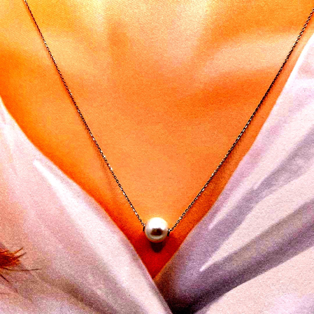Law Akoya genuine 7.74mm round pearl necklace with pt850 small bean chain, 45 cm slide length