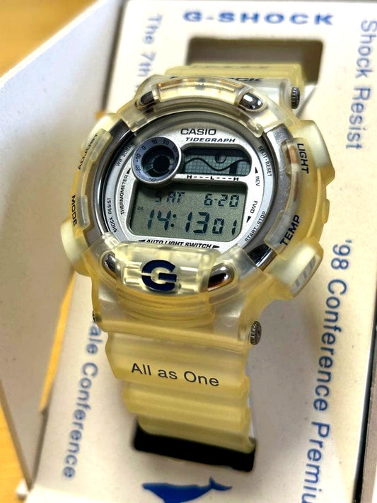 Casio G-Shock DW-8600K Fisherman Base Model watch showing digital display with tide graph and moon phase