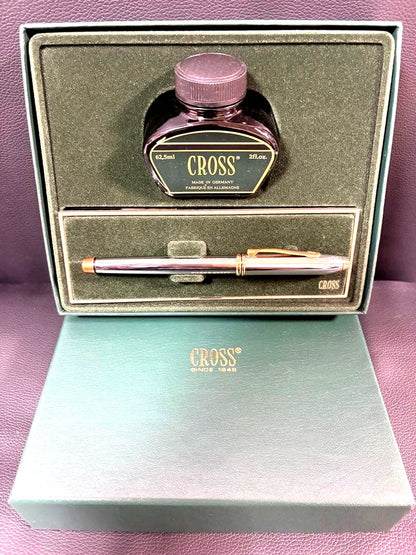 Cross Townsend Old Logo gold nib fountain pen with black ink bottle, cartridges, gift box, and instruction manual