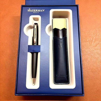 WATERMAN Expert Matte Black ballpoint pen with metal body and leather grip shown with included case