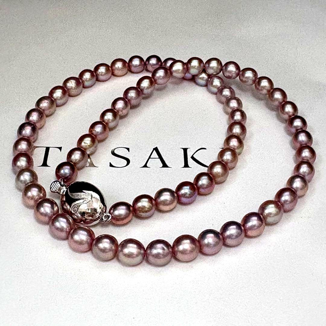 Tasaki genuine lavender pearl necklace with 6.1-6.3mm pearls and silver clasp, 43 cm length