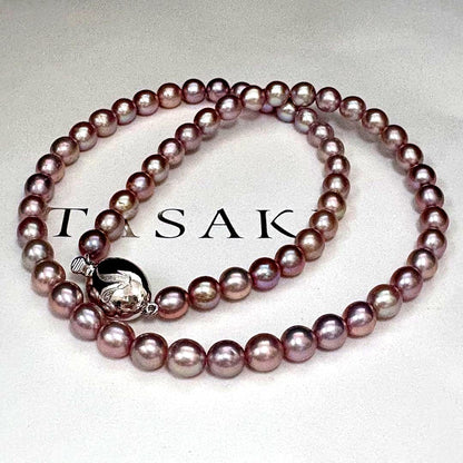 Tasaki genuine lavender pearl necklace with 6.1-6.3mm pearls and silver clasp, 43 cm length