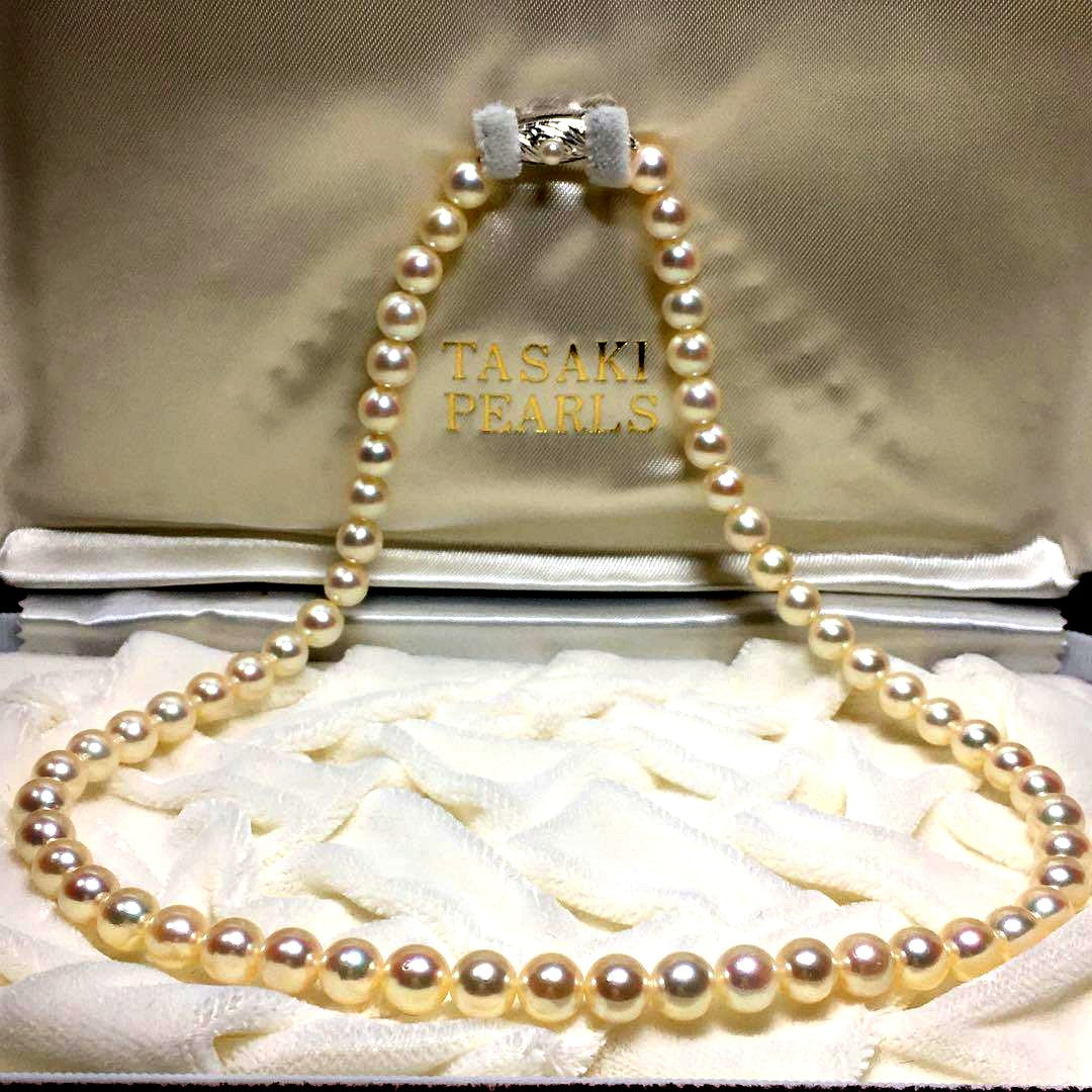 TASAKI Akoya pearl necklace 6.5-6.9mm pearls with SV clasp displayed on a white background