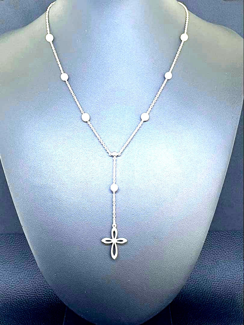 Tasaki Pearl Y-shape Cross Necklace in silver and white with a 41 cm chain on a white background
