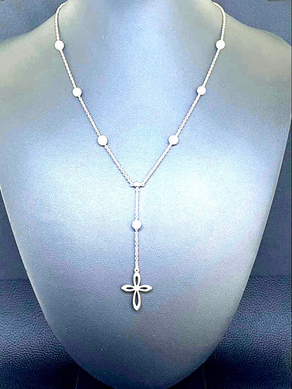 Tasaki Pearl Y-shape Cross Necklace in silver and white with a 41 cm chain on a white background