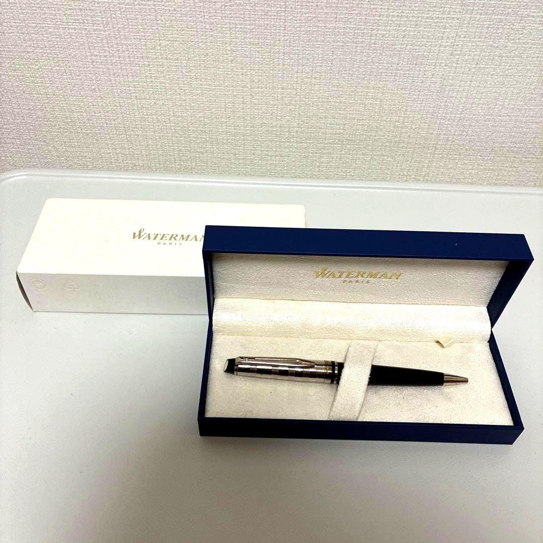 Waterman ballpoint pen in black and silver with metallic finish alongside its dedicated case
