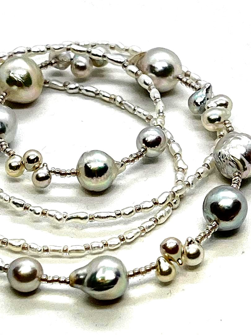 61cm Arare Akoya pearl necklace with natural blue and white Keshi pearls and silver clasp