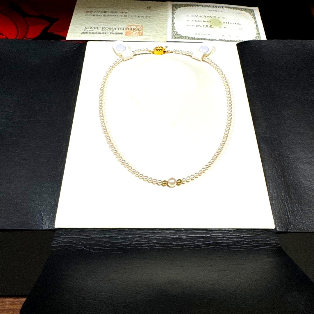 Pure Akoya pearl necklace with 3.5mm to 7.2mm pearls set in 14K gold chain