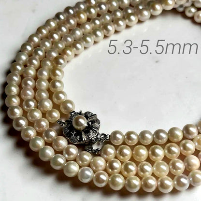 Akoya pearl 2-strand semi-long necklace with 5.3-5.5mm pearls and silver stamp clasp