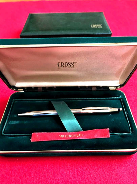 Cross Century Classic 14K solid gold ballpoint pen with two vertical grooves and gold-colored interior including case and pouch