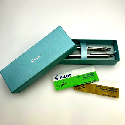 Pilot silver ballpoint pen and mechanical pencil 2-piece set with case and instruction manual