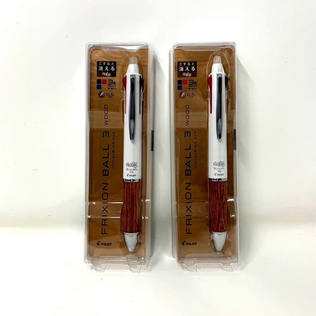 Two PILOT Frixion Ball 3 Wood white 3-color gel ink pens with 0.5mm tip in a 2-piece set