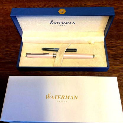 Waterman Fountain Pen Pink with stainless steel nib, fine and medium options, capped and uncapped views