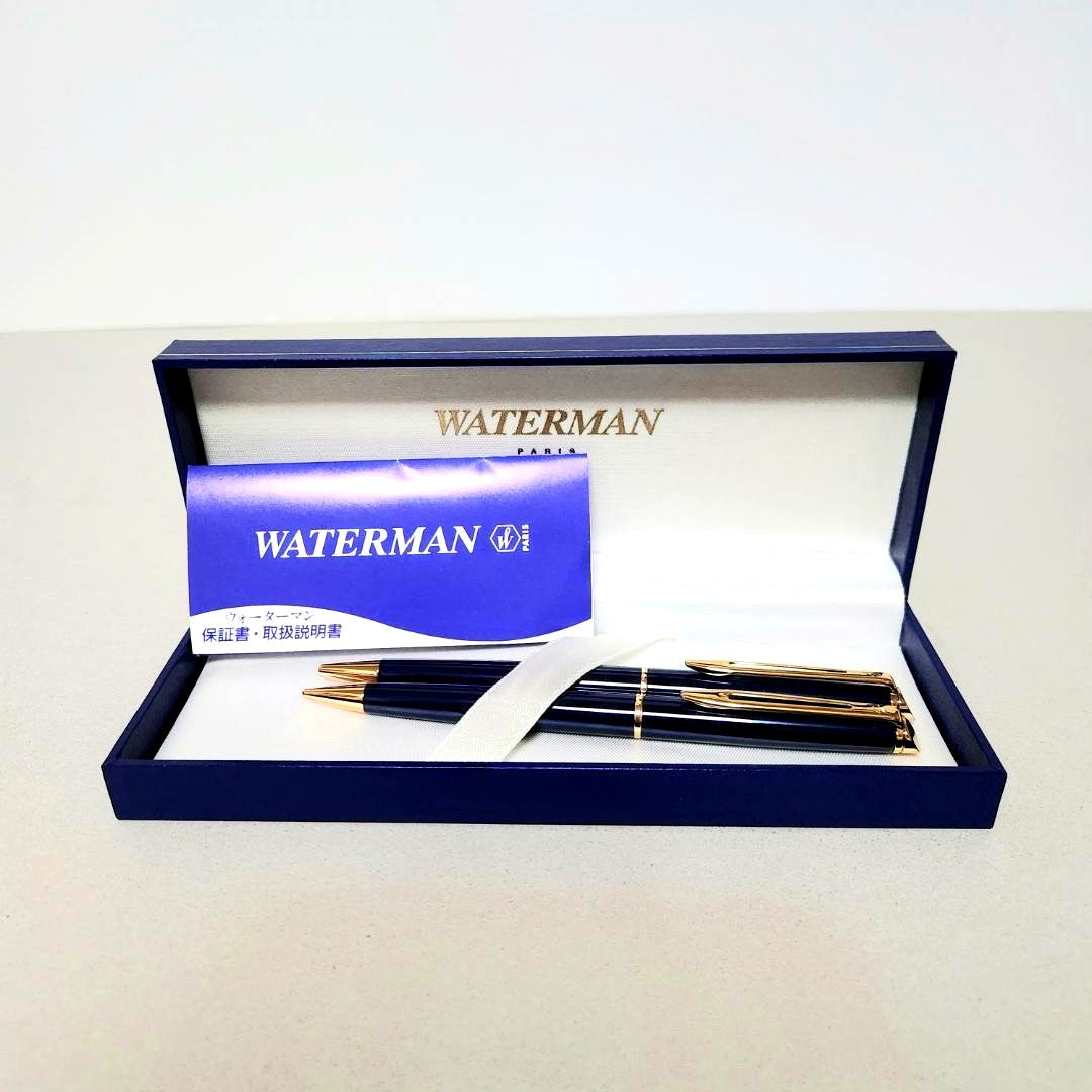 Waterman 2-piece set with navy metal ballpoint pen and mechanical pencil with case and instruction manual