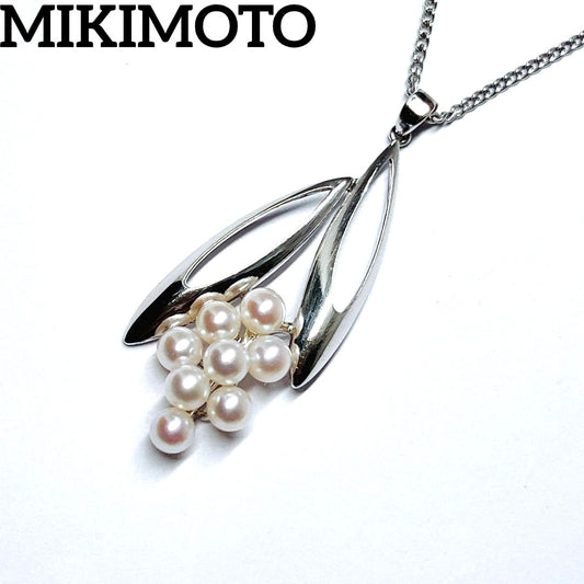 Mikimoto pearl necklace with silver leaf design featuring 3.9 to 4.1 mm pearls and 43.5 cm length