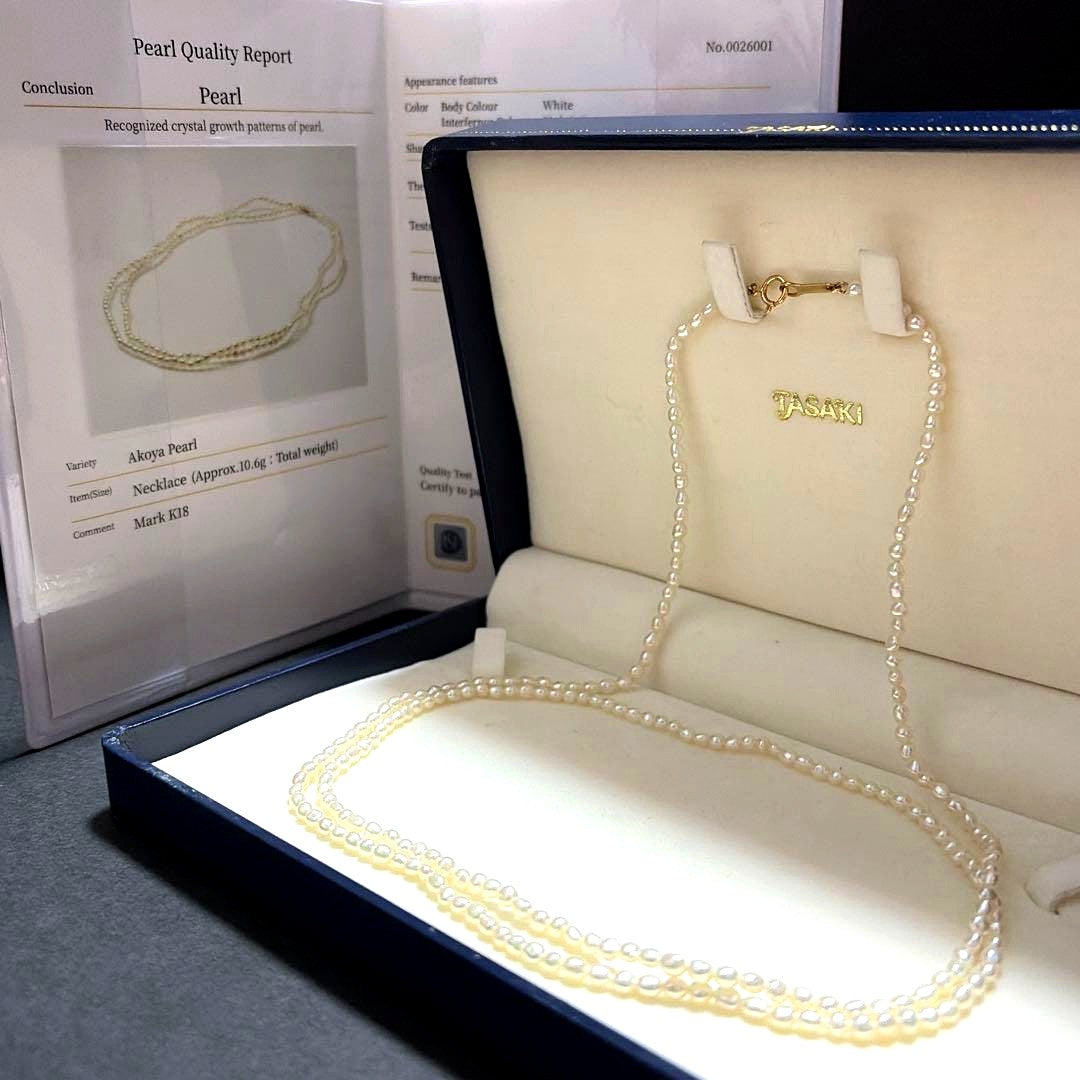TASAKI Baby Pearl Long Necklace with K18 Certification, 82 cm length, featuring lustrous pearls on a delicate chain