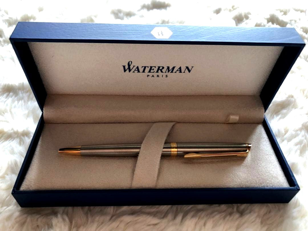Waterman silver metal ballpoint pen with dedicated case showing Waterman Paris engraving